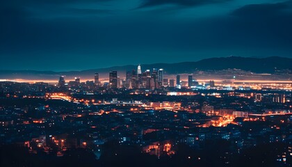 vibrant urban skyline illuminated by shimmering night lights