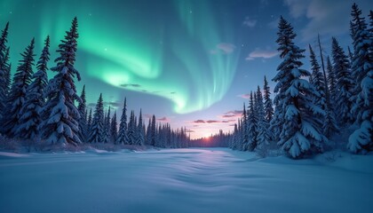 vivid auroras illuminate a snowy forest beneath a starry night