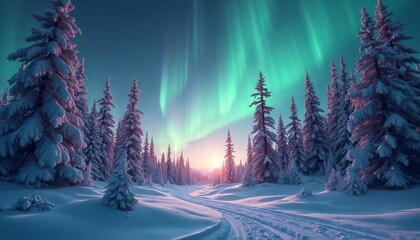 Starry Night Sky Lit by Vibrant Auroras Over Snowy Forest