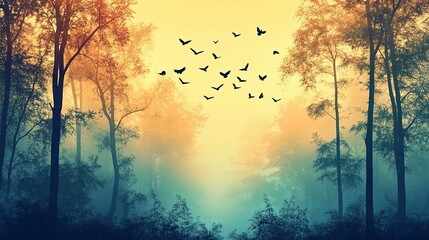 Wall Mural - Silhouetted Trees and Flying Birds in a Foggy Forest at Sunset