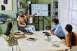 © pressmaster - Business team discussing report while sitting around a conference table with a presentation screen displaying charts and graphs in a well-organized office environment