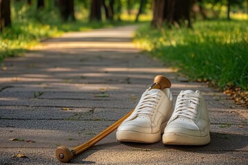 A pair of sneakers and a walking stick on the track