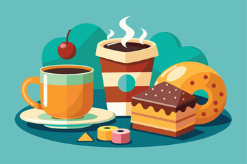 A colorful display of coffee, pastries, and snacks arranged neatly for a cozy coffee break, Customizable coffee break illustration that is disproportionate.