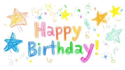 Happy birthday greeting card with colorful hand drawn stars and confetti