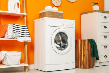 Poster - Washing machine and basket in laundry room