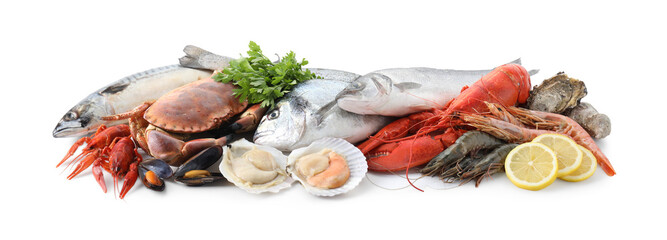 Many different sea food, parsley and lemon isolated on white