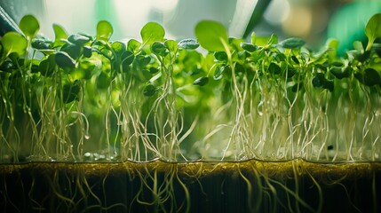 Wall Mural - A close-up of a hydroponic system in a vertical farm, with roots suspended in nutrient-rich water