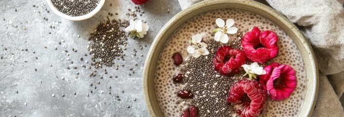 A delicious chia seed pudding topped with fresh raspberries and edible flowers, perfect for a healthy breakfast or snack.