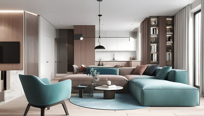 Modern apartment interior design, featuring stylish furniture and cozy living space