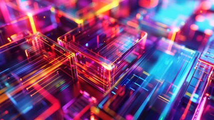 An array of glowing purple and blue cubes against a black background, reflecting an advanced and vibrant technological landscape.