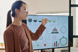 © pressmaster - Asian woman demonstrating data insights with interactive charts on screen during business presentation showing engagement and expertise in explaining complex information