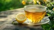 © Jiraporn - A refreshing cup of lemon tea placed on a wooden surface, surrounded by vibrant greenery, perfect for relaxation and wellness.
