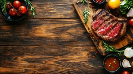  topview steak and ingredient american foods concept on wooden background