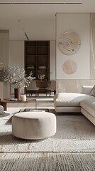 Wall Mural - Modern living room with minimalist decor and natural elements.