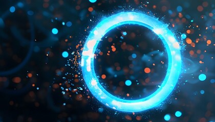 Illuminated blue circle on a dynamic abstract digital backdrop filled with shimmering particles