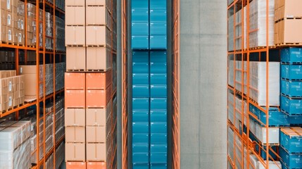 Warehouse with stacked pallets and boxes in organized storage.