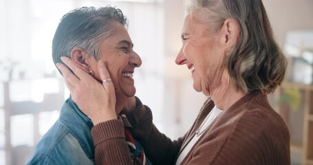 Wall Mural - Senior couple, lesbian and affection in home with smile for romantic connection, care or commitment. LGBTQ women, pride and happy with hug in house for trust, support and love on marriage anniversary