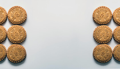 Wall Mural - Close-up of a row of round cookies with a decorative pattern