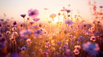 Wall Mural - Sunset Over a Field of Flowers