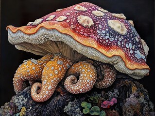 Sticker - Close-Up Photography of Vibrant Mushroom with Intricate Details