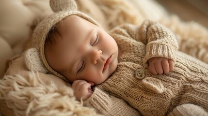 Wall Mural - Newborn in a knitted animal onesie, sleeping peacefully on a plush cushion in a studio setting