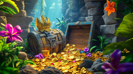 The Anubis wrath slot game character over the temple with gold coins, game background, Illustration