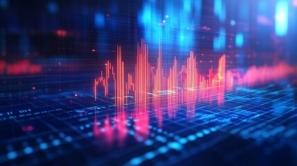 Wall Mural - red and blue digital data chart with grid lines and bokeh
