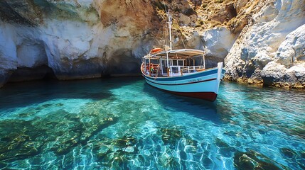 A small wooden boat is docked in a clear blue sea with white cliffs in the background.