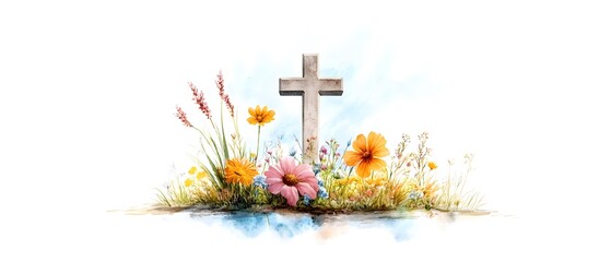 A serene scene featuring a wooden cross adorned with vibrant flowers, symbolizing faith and renewal in nature.