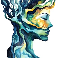 Wall Mural - Abstract Watercolor Painting of a Woman's Face with Natural Elements.