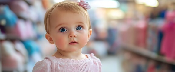 Wall Mural - Adorable baby girl with big blue eyes looking at the camera.