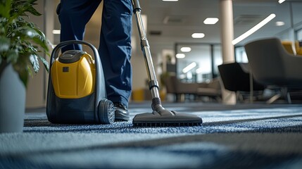 A yellow and black vacuum cleaner used to clean a blue carpet in an office building