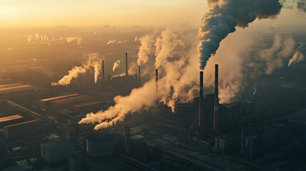 industrial sunset: dramatic smoke stacks and pollution at dusk