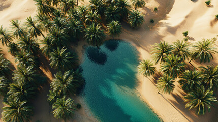 Wall Mural - aerial view of oasis with palm trees and blue lagoon in desert landscape - summer travel destination