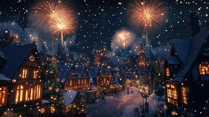 A enchanting winter village scene filled with snow, festive lights, and fireworks lighting up the night sky in celebration.