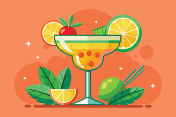 A colorful margarita cocktail sits with fresh limes, mint leaves, and lemon slices, evoking summer vibes, Customizable flat illustration of a margarita cocktail.