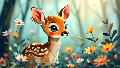 Wall Mural - Charming Paper Cut Illustration of a Young Fawn Amidst Blossoming Flowers in a Dreamy Forest