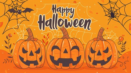 Happy Halloween Banner with Text and banner decoration with Halloween elements such as pumpkin, bats, spider, spider web, ant, witch and black cat