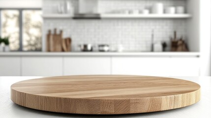 Beautiful round wood tabletop counter inside, empty, with a bright, clean kitchen background. Ideal for banners and product montage displays.