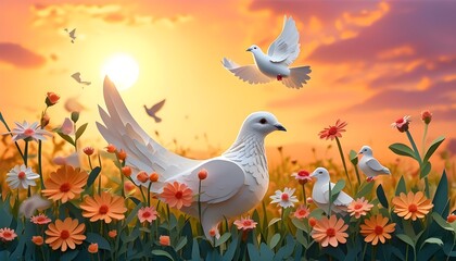 Charming Paper Cut Illustration of a Dove Among Blossoms Under a Sunset Sky