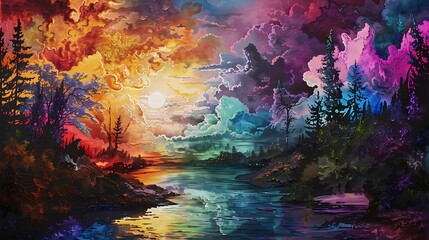 Surreal landscape with a vibrant sky and a still lake reflecting the colors of the clouds