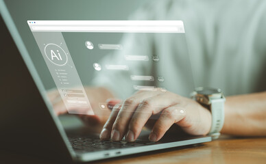 Poster - Ai Tech Chat with AI Artificial Intelligence. Businessman using chatbot in computer smart intelligence Ai, artificial intelligence developed by OpenAI. Futuristic technology, robot in online system.