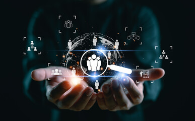 Poster - Customer Relationship Management, Businessman use tablet with global structure customer network technology, Data exchanges development. customer service, social media. digital marketing online.