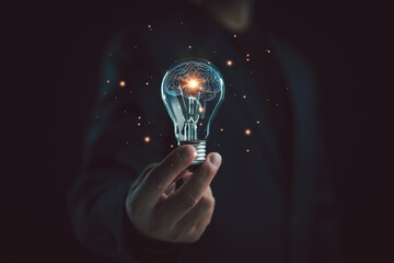 Aufkleber - Businessman holding light bulb with brain inside, Idea, imagination, Creative, inspiration, Science innovation with network connection, Solution analysis and development, Innovative technology.