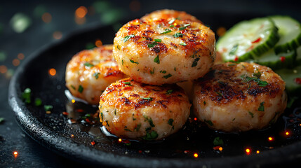 Deliciously crispy bite-sized food enhanced with herbs, served on a dark plate alongside fresh cucumber slices.