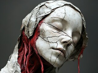 Wall Mural - Cracked Portrait: A Sculpted Study of Human Fragility