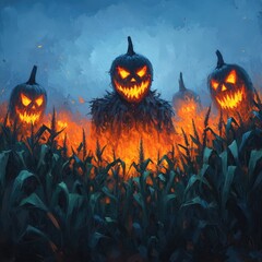 Wall Mural - A spooky scene featuring glowing jack-o'-lanterns surrounded by a cornfield, evoking a Halloween ambiance with eerie, menacing expressions.