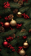 Close-Up of Christmas Wreath with Red Berries and Pine Cones