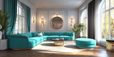 modern living room with L luxury turquoise shape sofa set and elegant wooden floor 