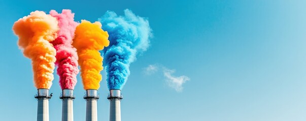 Colorful smoke billows from industrial chimneys against a clear sky, highlighting pollution and environmental issues.